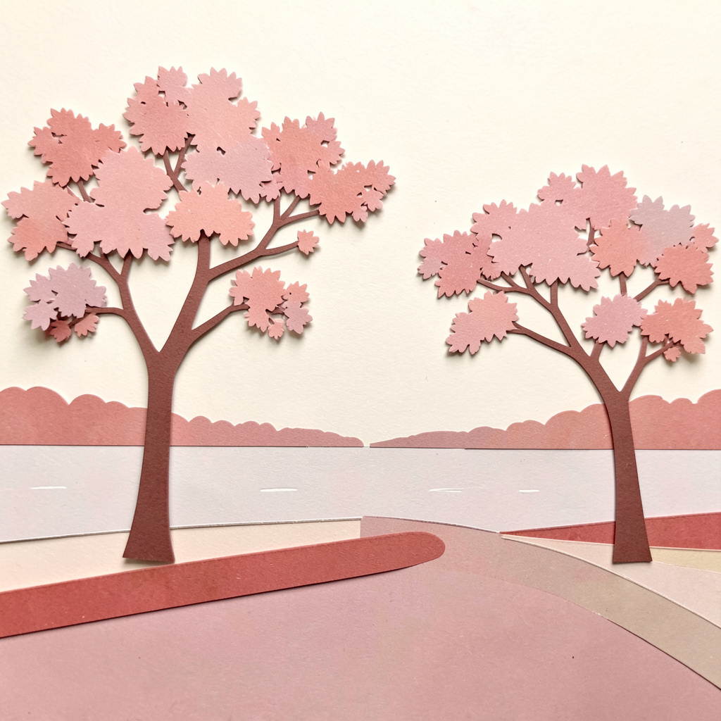 A layered paper cut-out collage of a riverside promenade with flowering jacaranda trees, soft blush and dusty rose tones